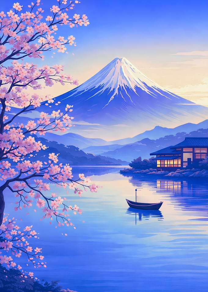 Mount Fuji with Cherry Blossoms Lake
