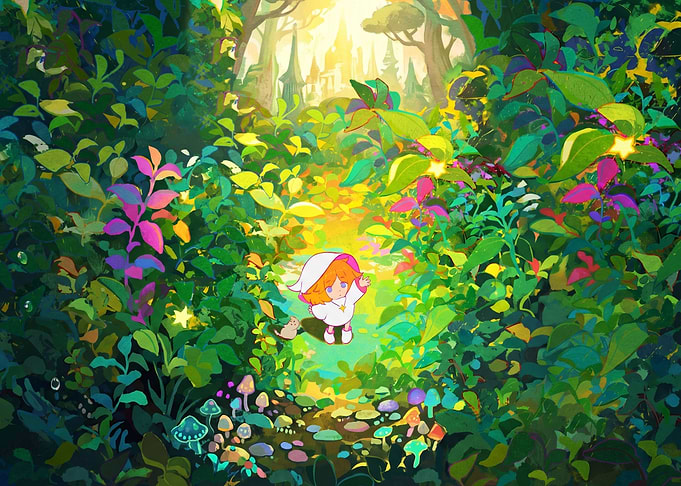 Child in a magical forest path