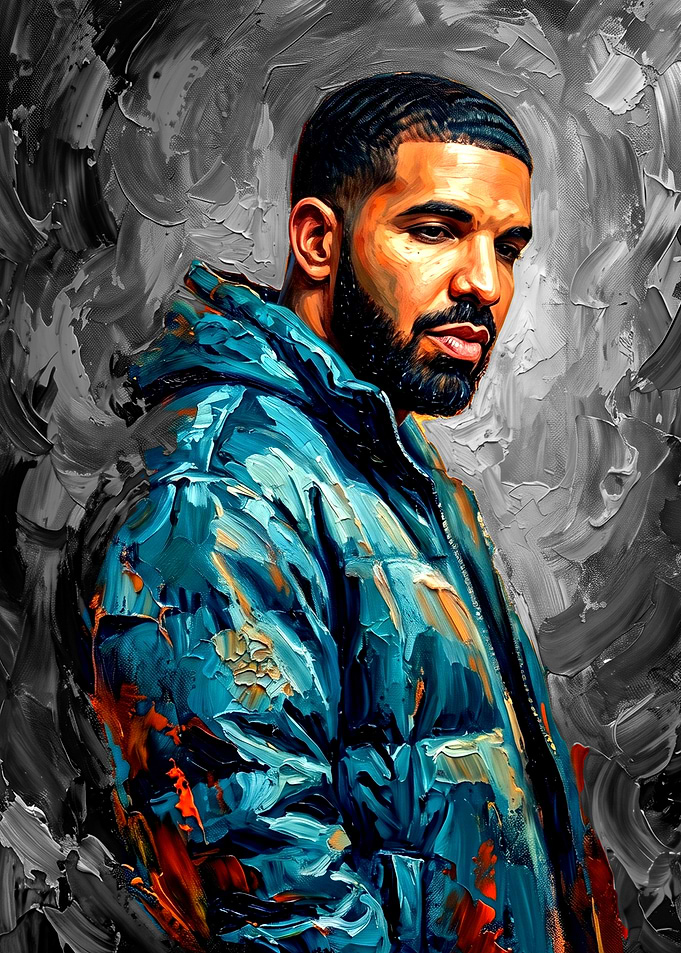 Drake in a Blue Puffer Jacket