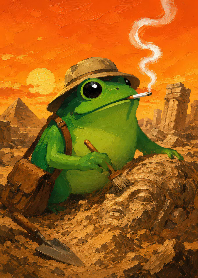 Frog Archaeologist Smoking in Ancient Ruins