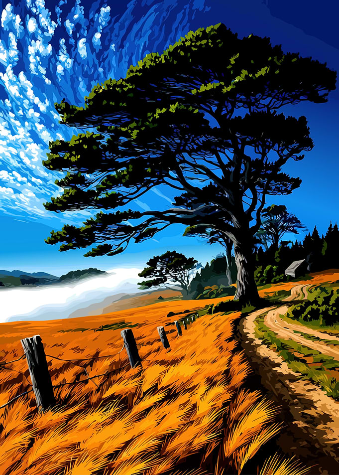 Vibrant Landscape with Lone Tree and Fog