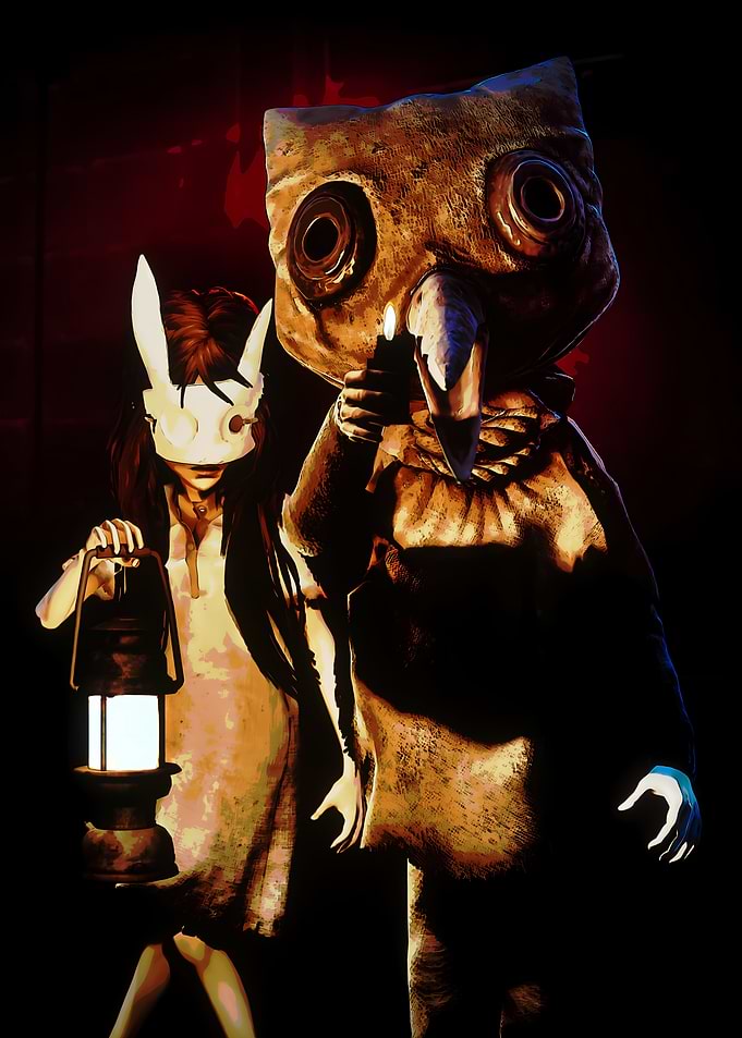 Two figures in masks with a lantern