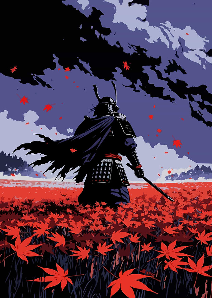 Samurai in a field of red leaves