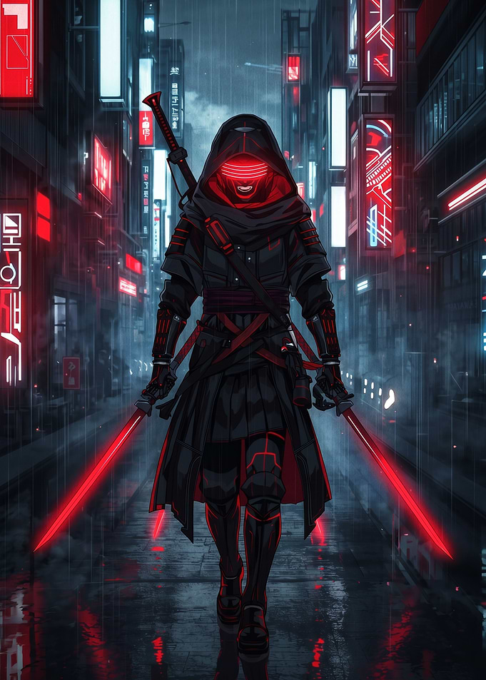 Cyberpunk Ninja with Red Swords