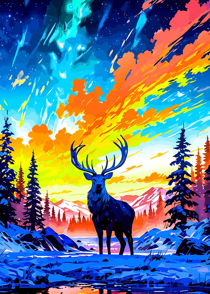 Majestic Deer in a Vibrant Winter Landscape