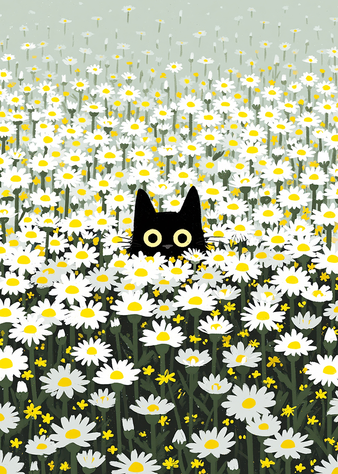 Black cat in a field of daisies