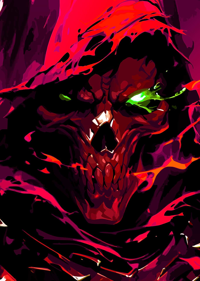 Grim Reaper Skull with Green Eyes