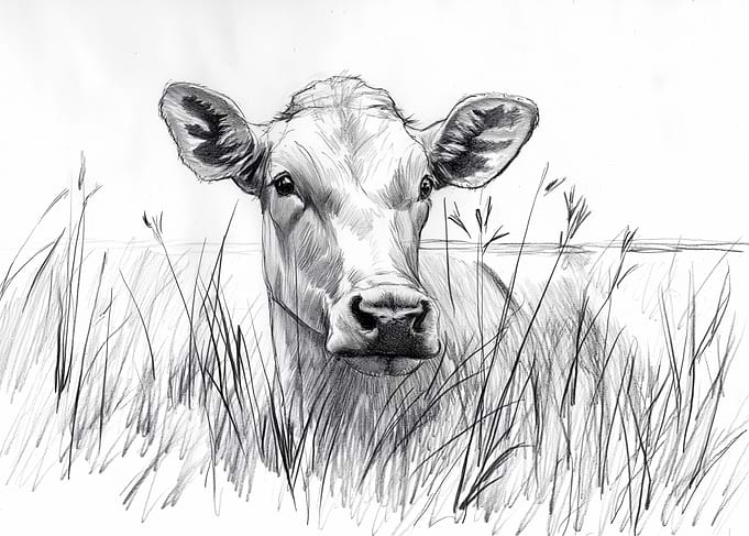 Pencil Sketch of a Calf in Grass