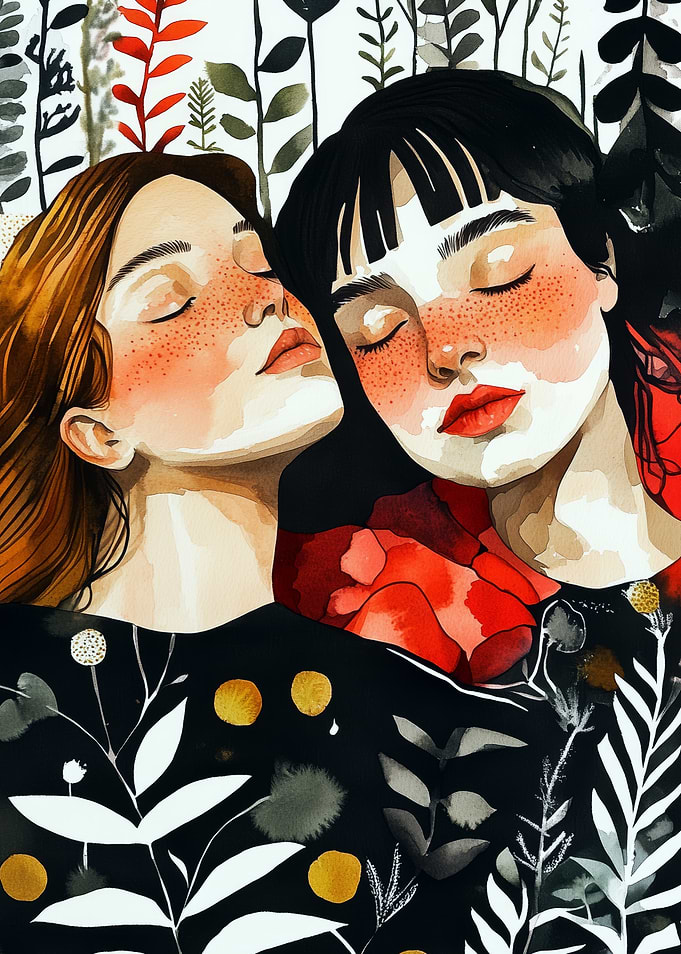 Two women embracing with floral background
