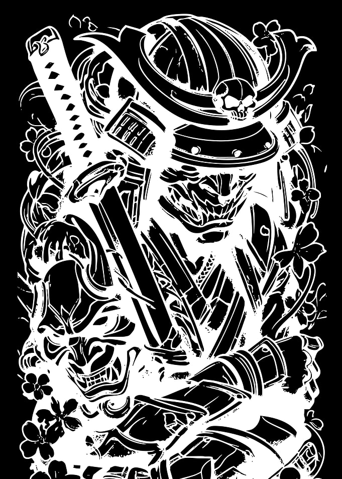 Samurai Warrior with Masks and Flowers