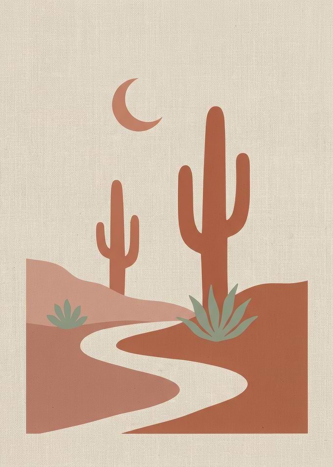 Desert Landscape with Cacti and Moon