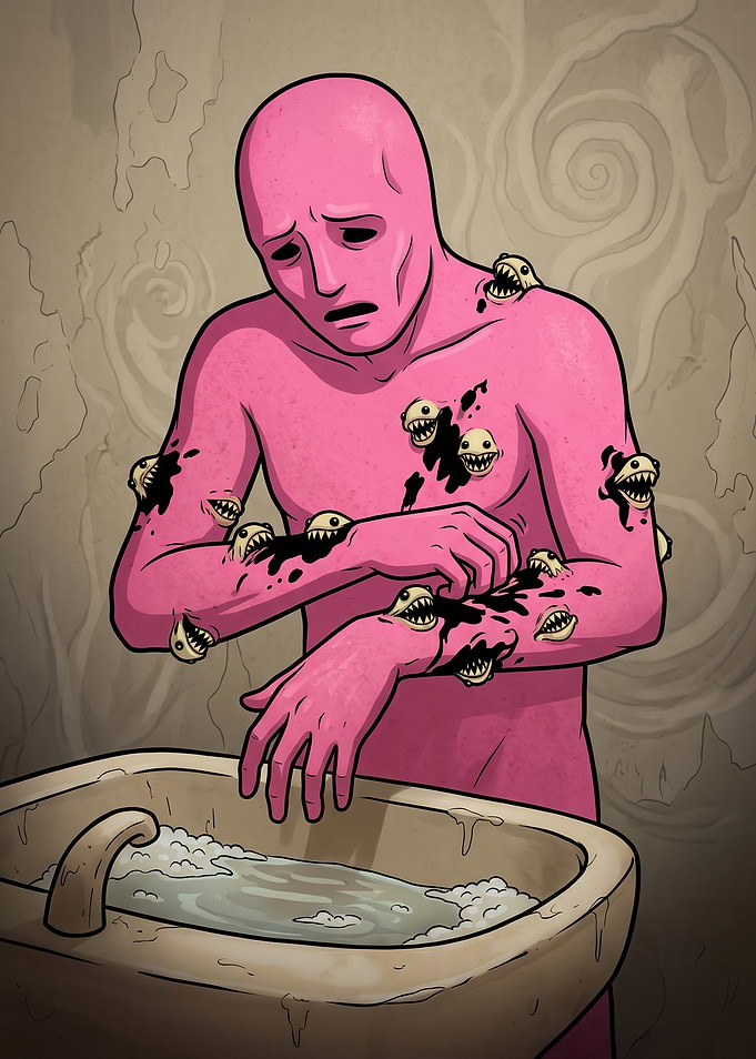 Pink Creature with Mouths in Sink