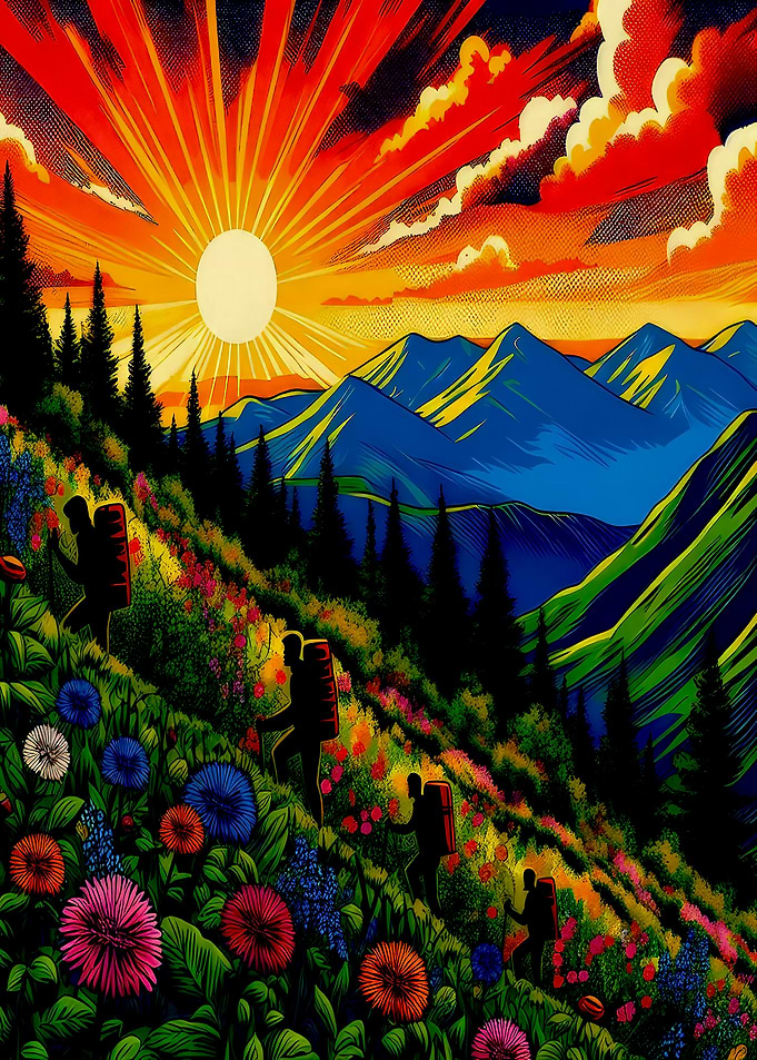 Hikers in a vibrant mountain meadow at sunset