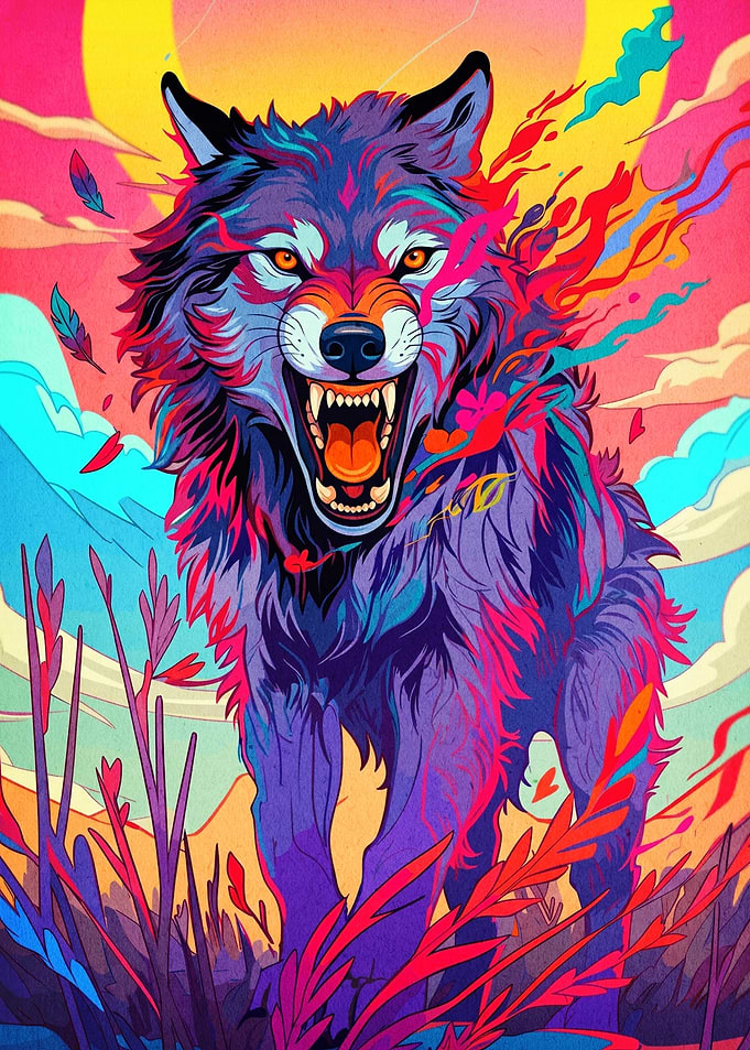 Aggressive Wolf in Vibrant Colors