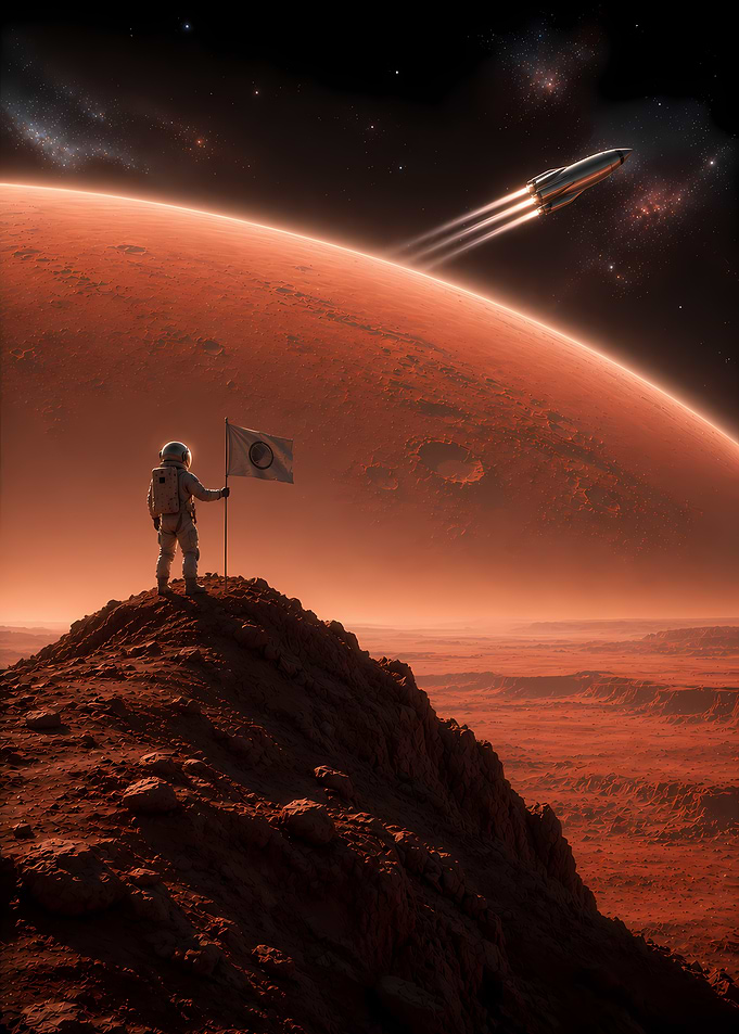 Astronaut plants flag on Mars