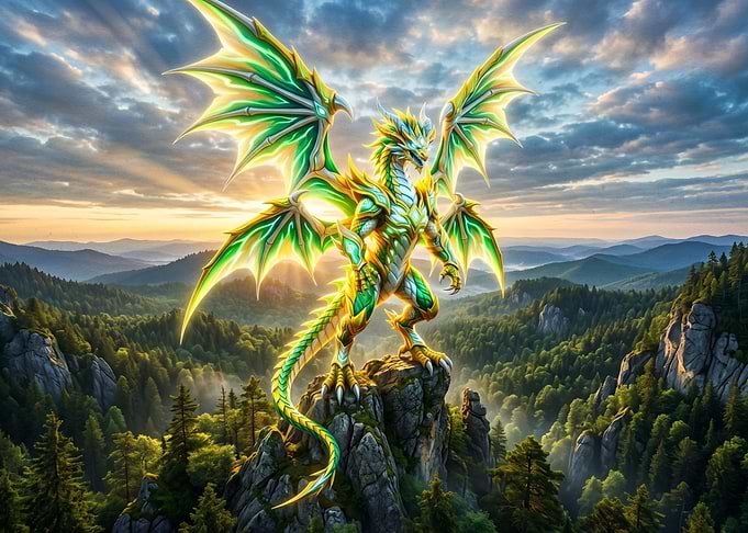 Majestic Green Dragon on Mountain Peak