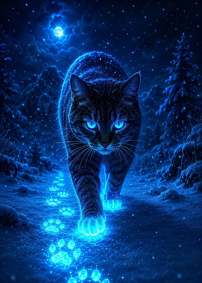 Mystical Cat Walking in Snowy Night