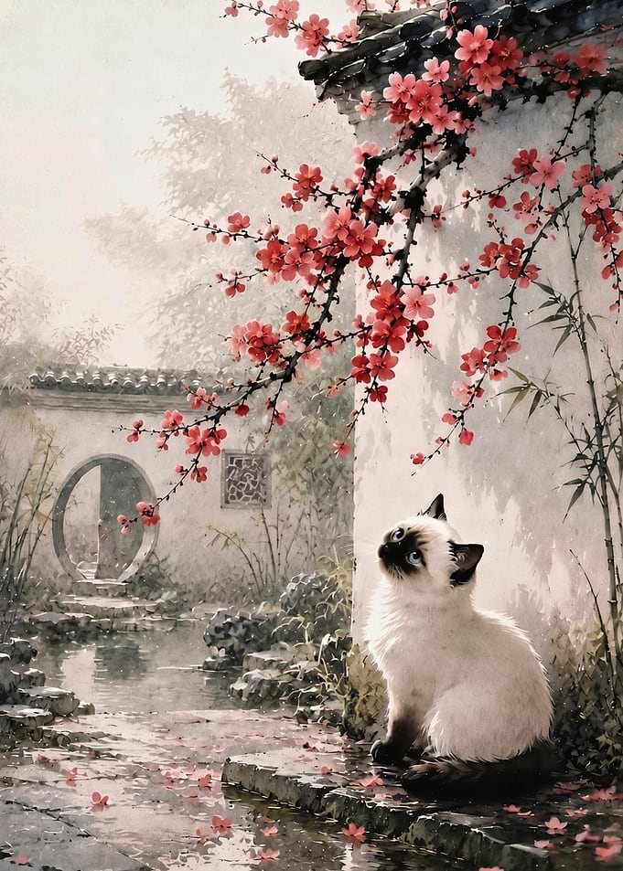Siamese Cat in a Japanese Garden