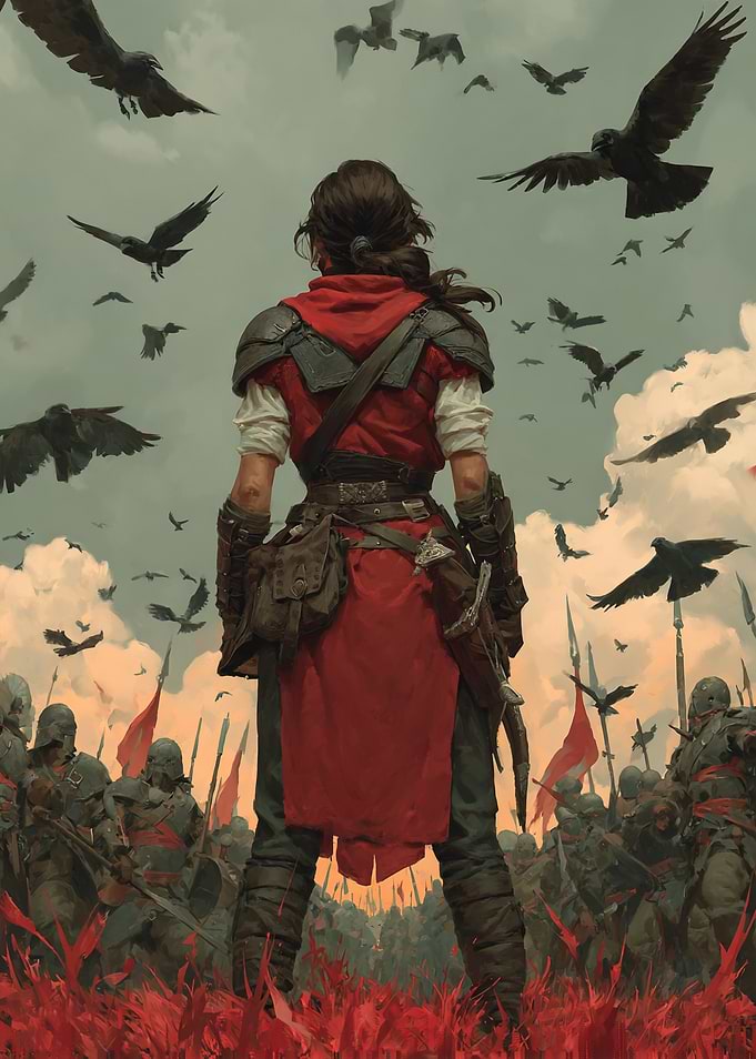 Warrior facing an army and crows