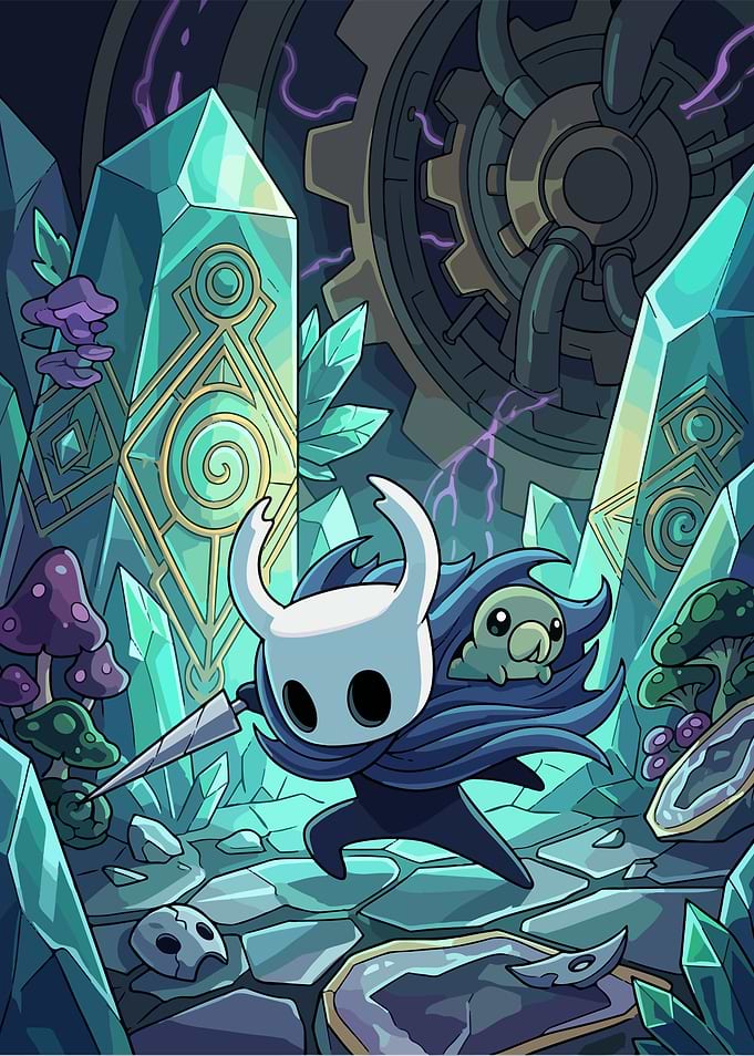 Hollow Knight and companion in crystal cave