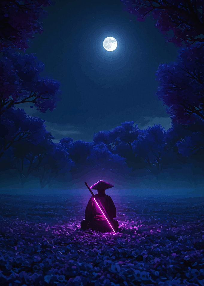 Samurai with Neon Sword Under Moon