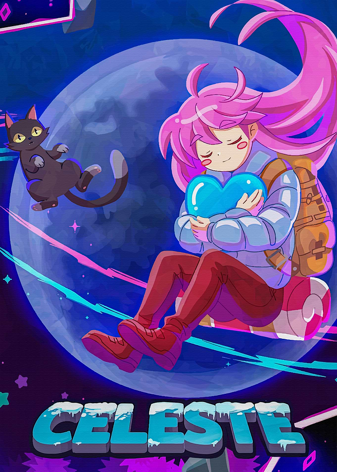 Celeste Game Art with Cat and Moon