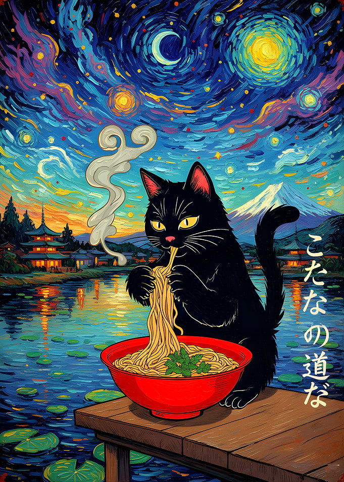 Black Cat Eating Ramen Under Starry Sky