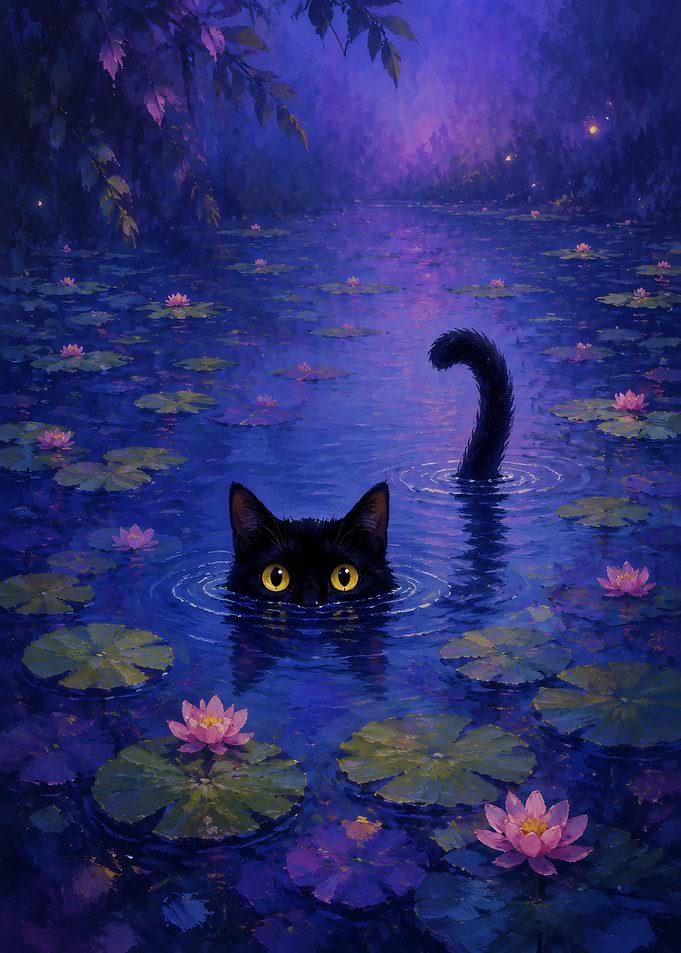 Black Cat in a Lily Pond