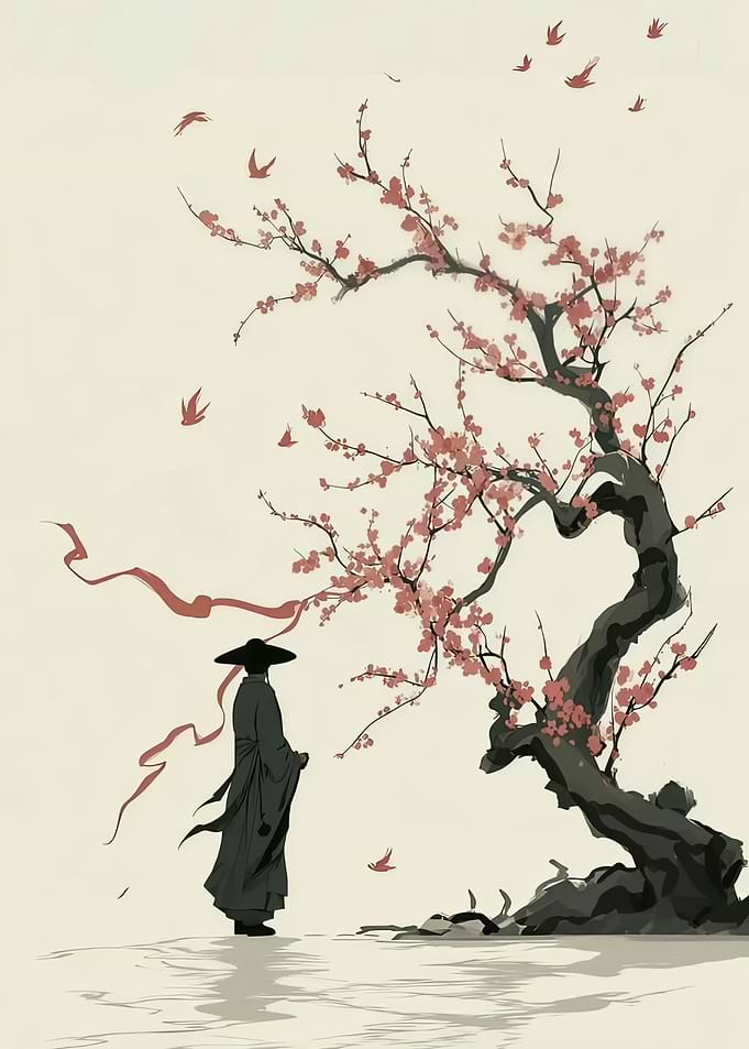 Man in Traditional Robes Under Cherry Blossoms
