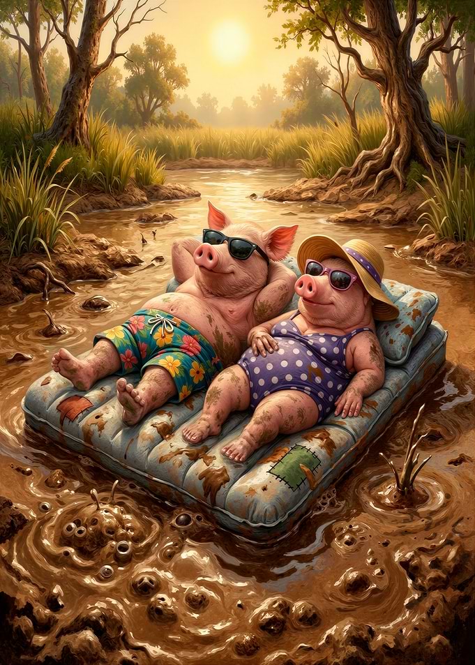 Pigs Relaxing on an Air Mattress in Mud