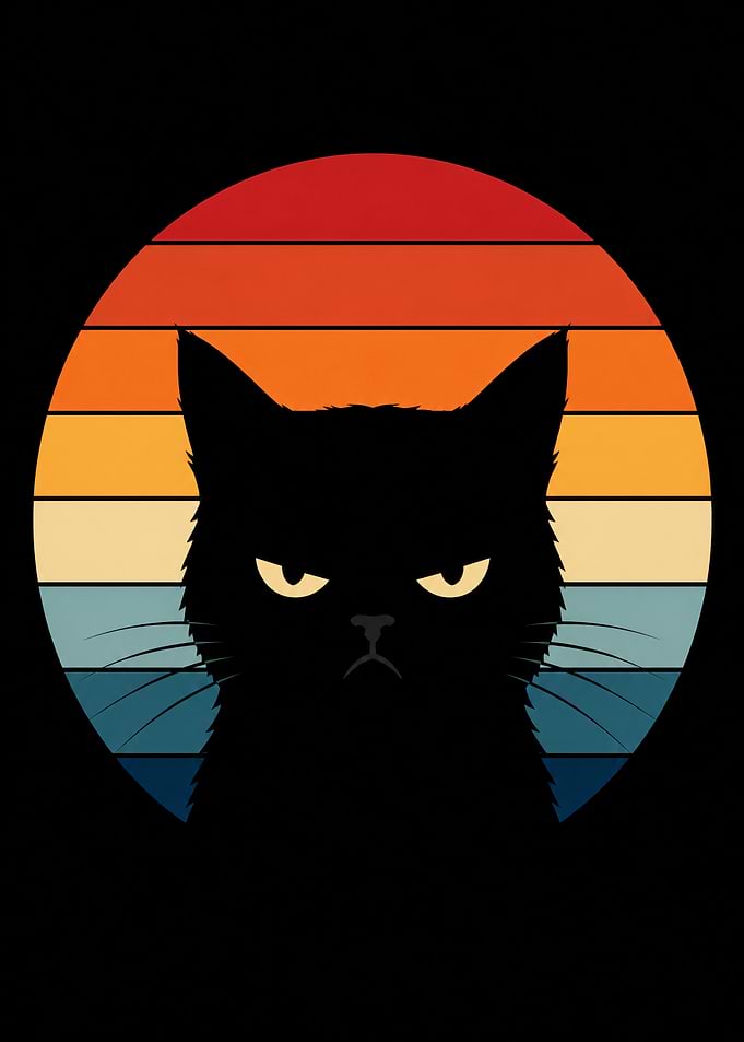 Grumpy Black Cat Retro Sunset