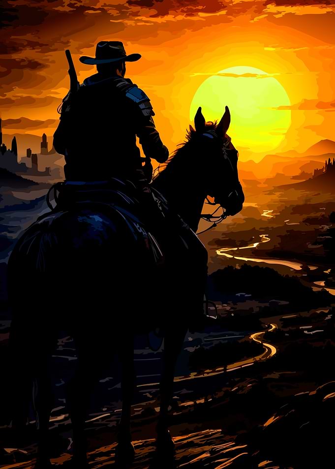 Cowboy on Horse at Sunset