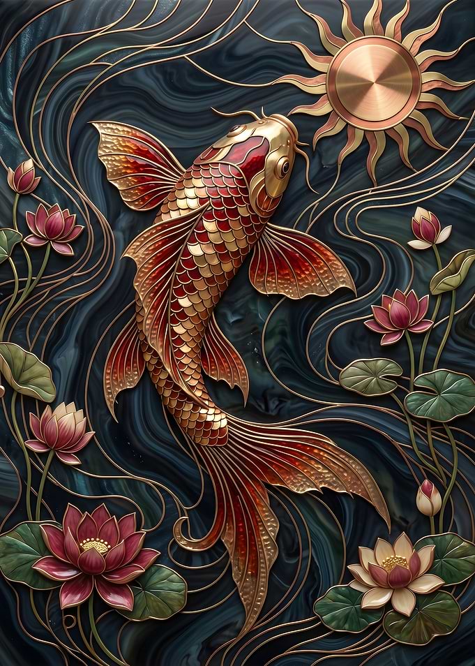 Koi Fish with Lotus Flowers