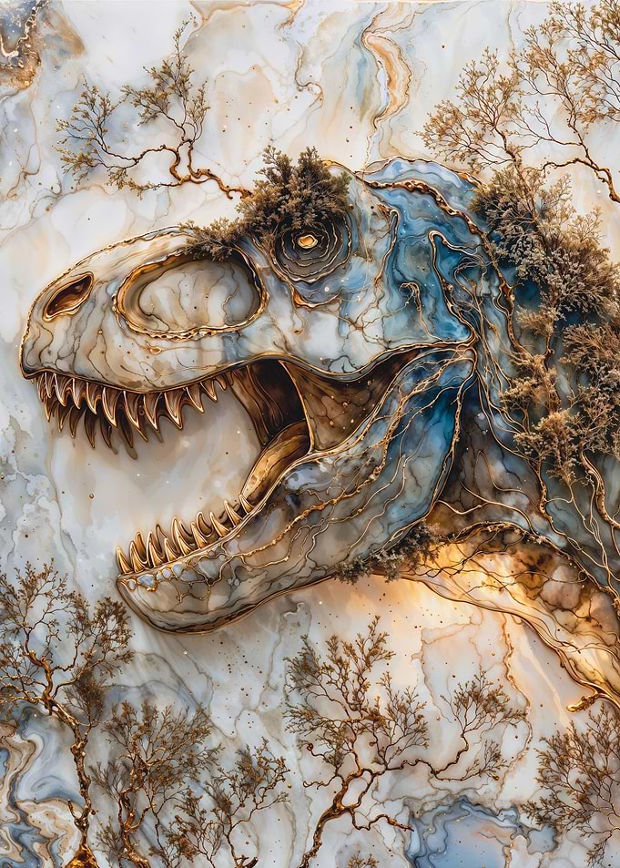 Marble Tyrannosaurus Rex Skull with Gold