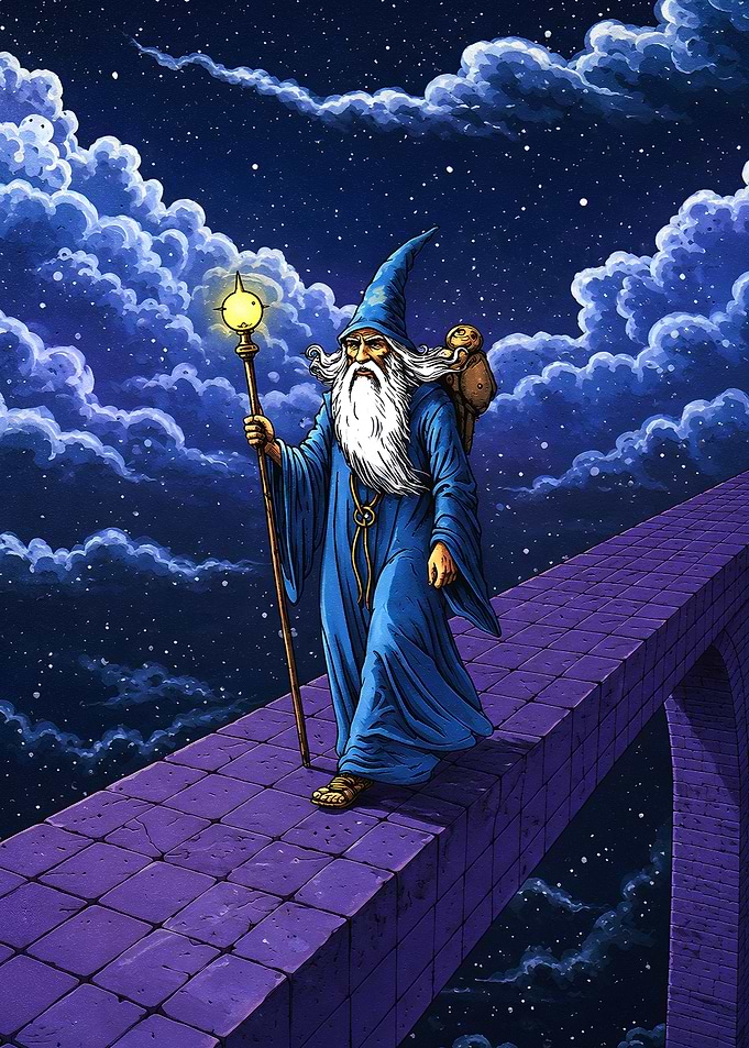 Wizard walking on a starry bridge