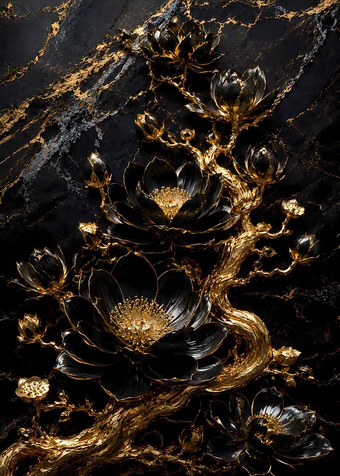 Black and Gold Floral Marble Art