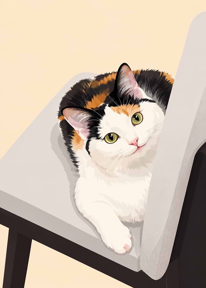 Calico Cat Peeking Over Chair