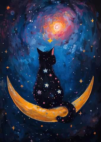 Black Cat on Crescent Moon in Space