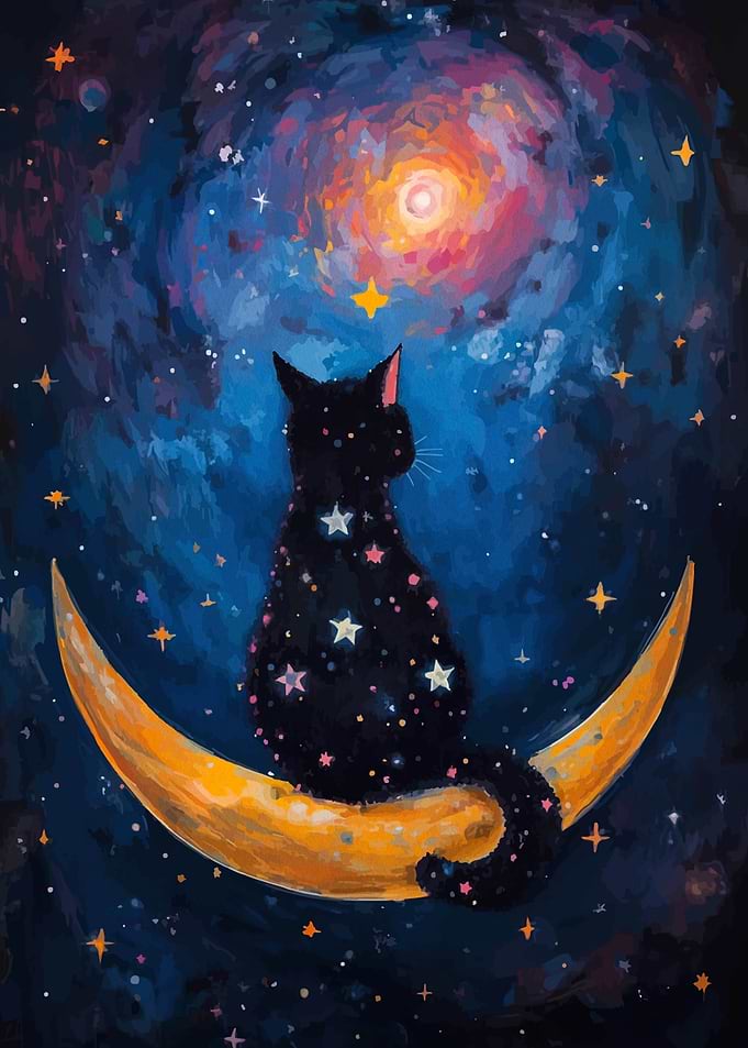 Black Cat on Crescent Moon in Space