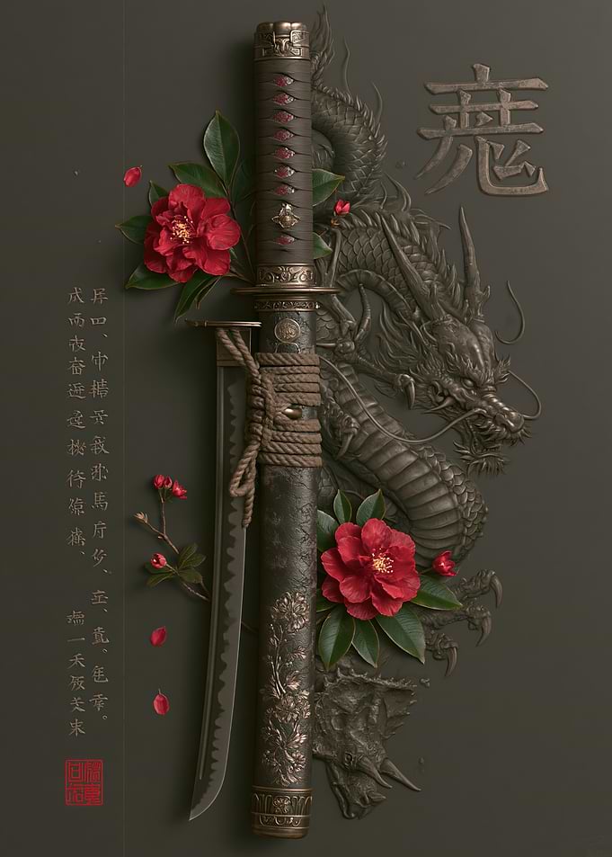 Samurai Sword with Dragon and Flowers