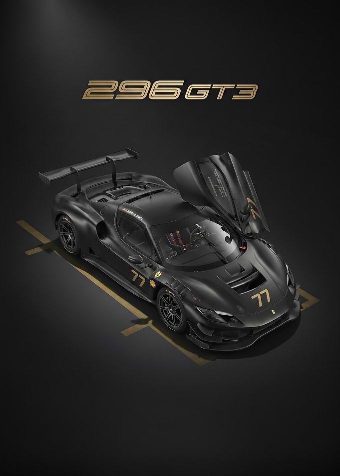 sleek black Ferrari 296 GT3 Race Car
