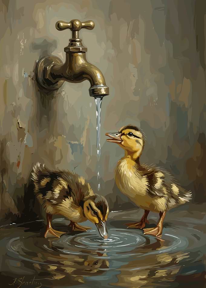 Ducklings Drinking Water from a Faucet