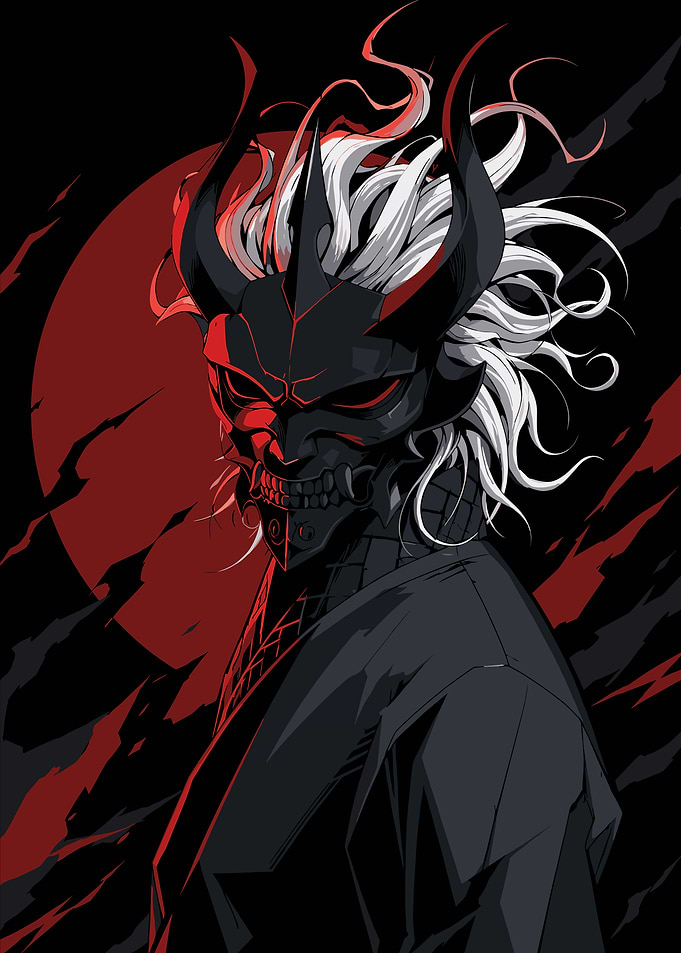 Demon Masked Figure with Fiery Hair