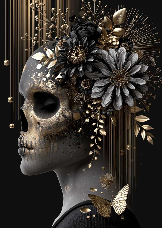 Gothic Skull with Gold Floral Headdress