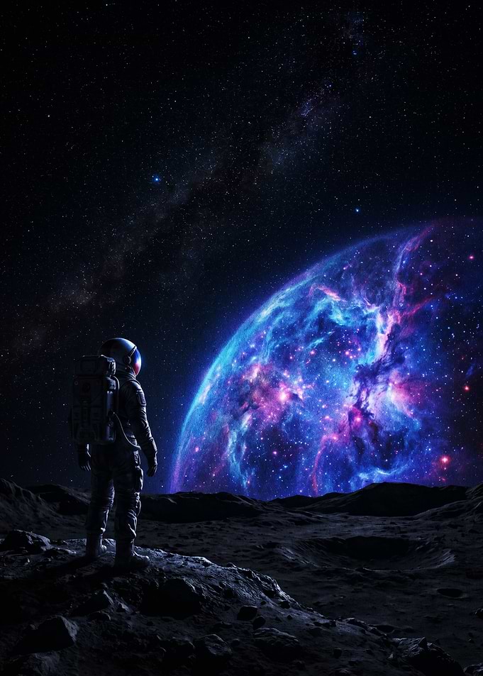 Astronaut gazes at a vibrant nebula