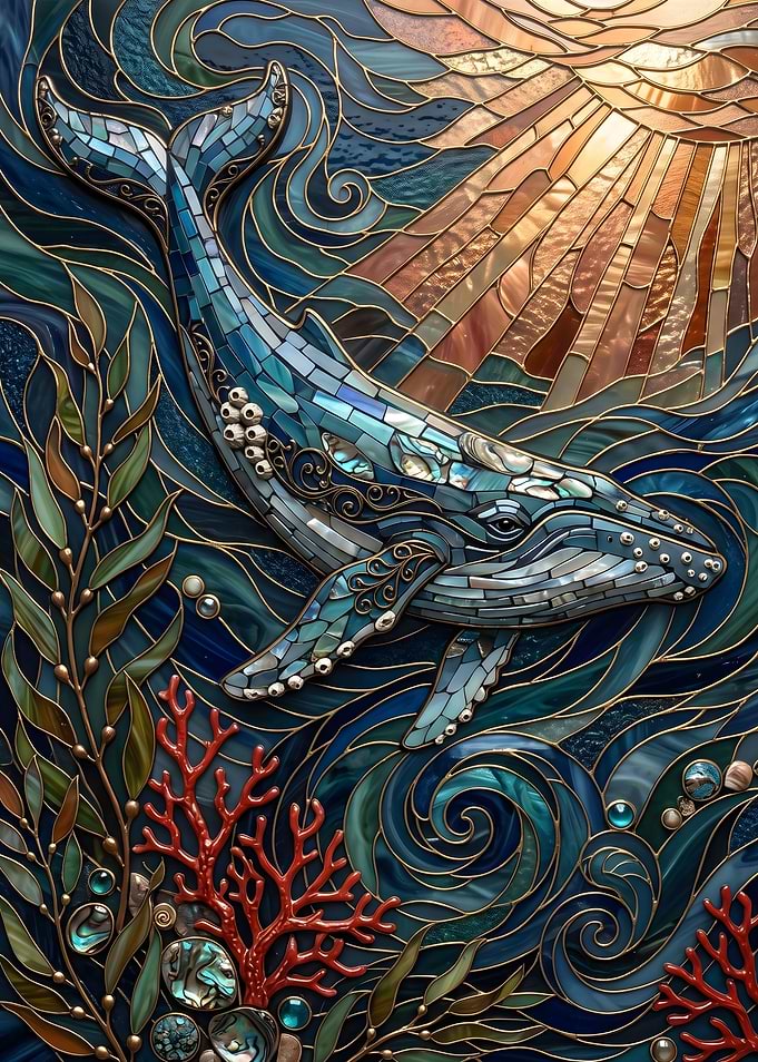 Whale in Ocean Waves Stained Glass