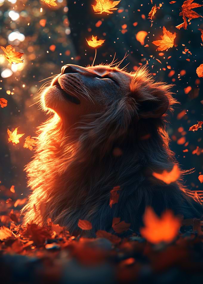 Lion in Autumn Leaves