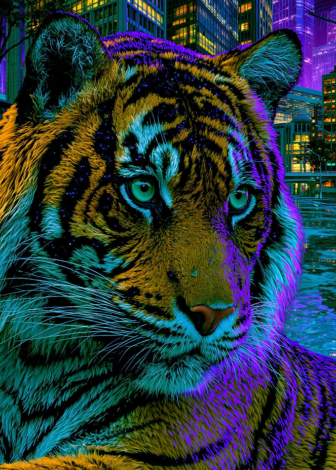 Neon Tiger in Cityscape