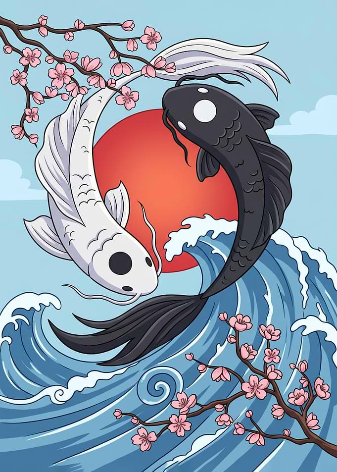 Yin Yang Koi Fish with Cherry Blossoms japan anime