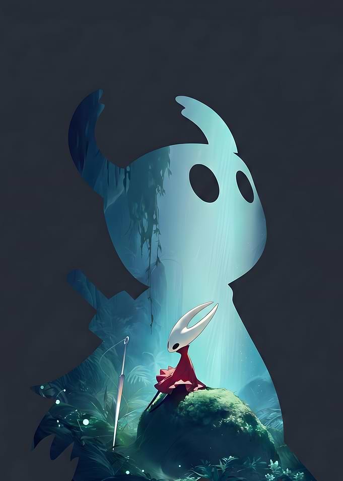 Hollow Knight Hornet in a mystical forest silhouette